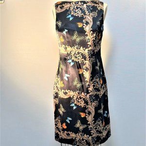 100% SILK CHARMEUSE BLACK BUTTERFLY PRINT DRESS.  HIGH NECK. CHARMEUSE LINING